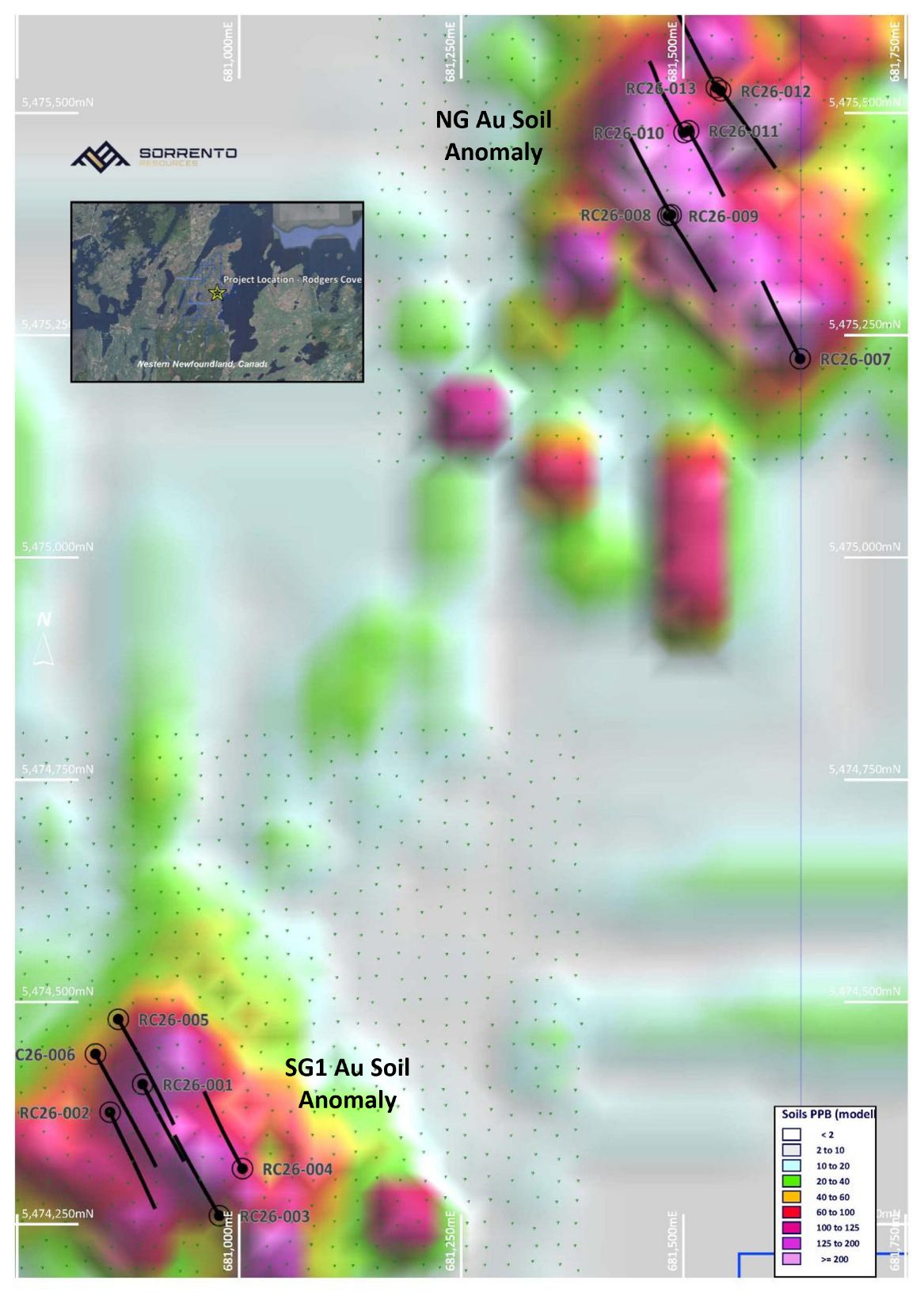 Plan map of all 13 Rodgers Cove drill holes over the SG1 and NG gold-in-soil anomalies