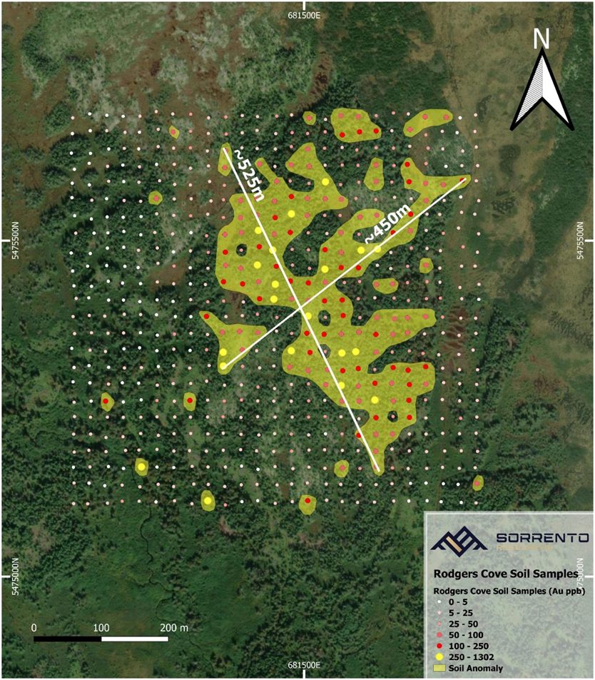 North Grid gold-in-soil sample map showing the 525 by 450 metre NG anomaly