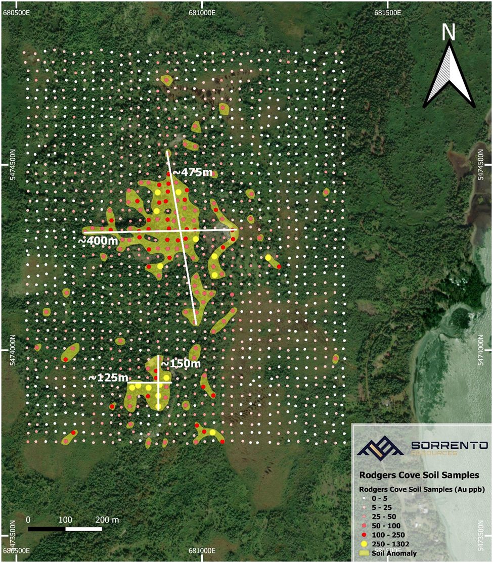 South Grid gold-in-soil sample map showing the SG1 and SG2 anomaly footprints